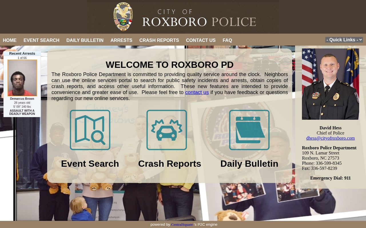 Roxboro Police Department P2C public portal home page