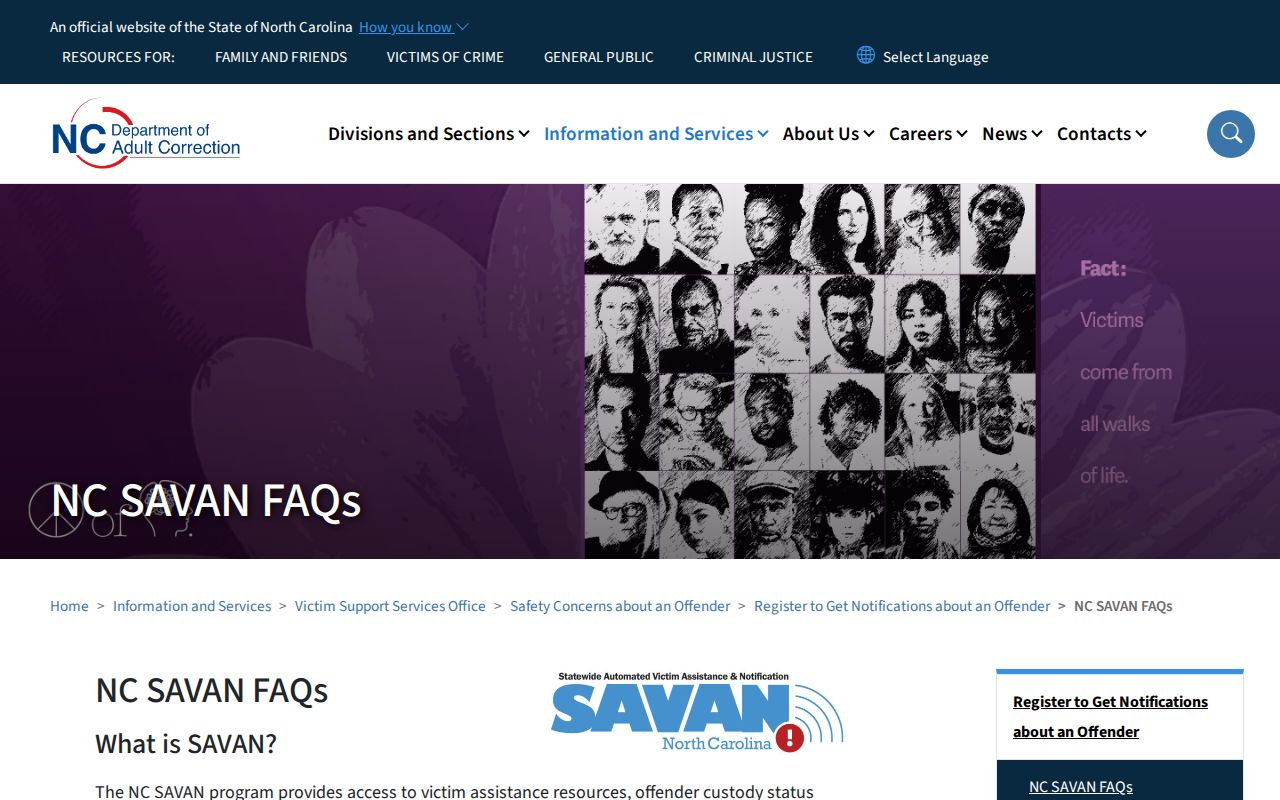 North Carolina SAVAN FAQ for Person County custody alerts