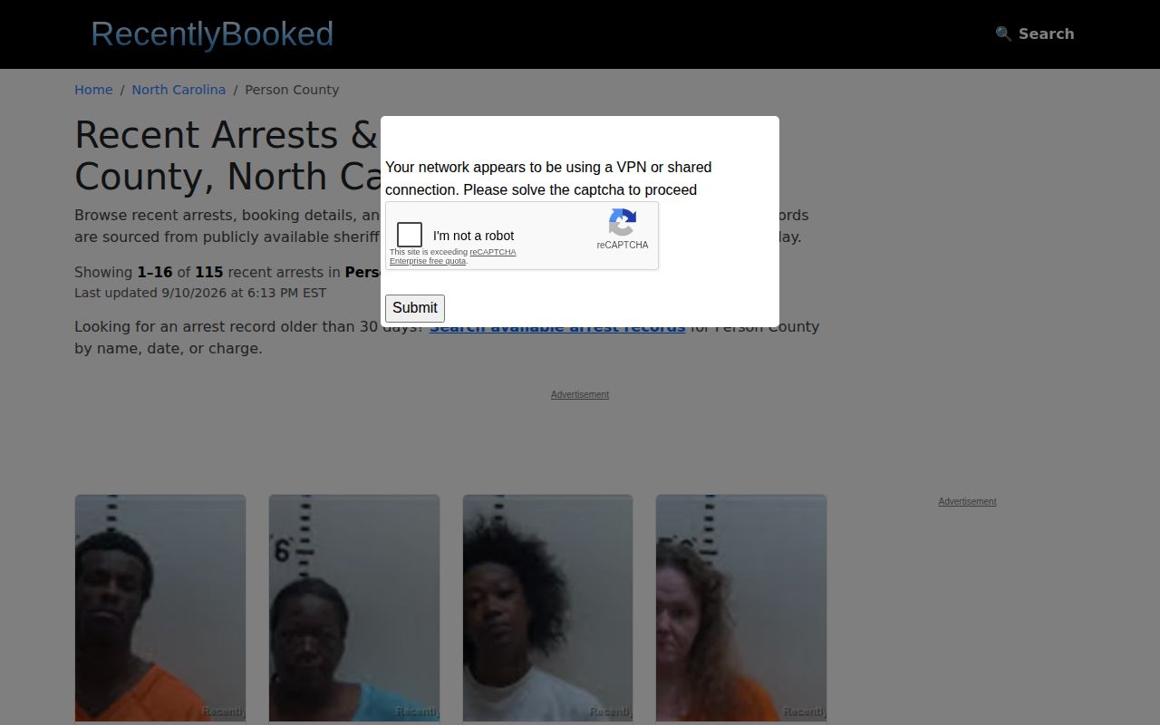 Unofficial RecentlyBooked Person County page